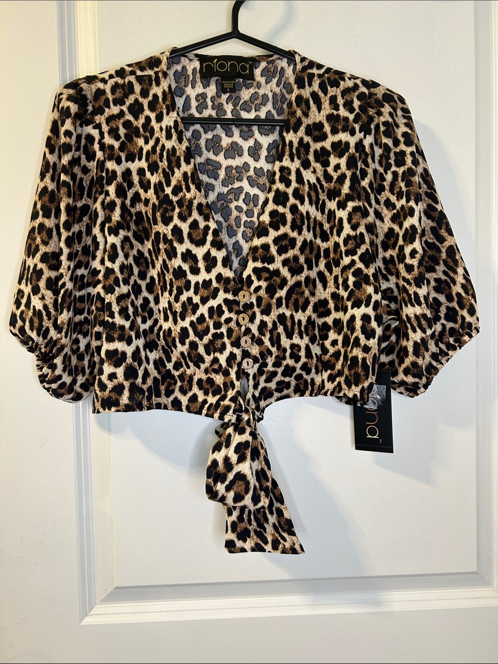 Leopard-Print Tie-Front Crop Blouse in Brown/Black